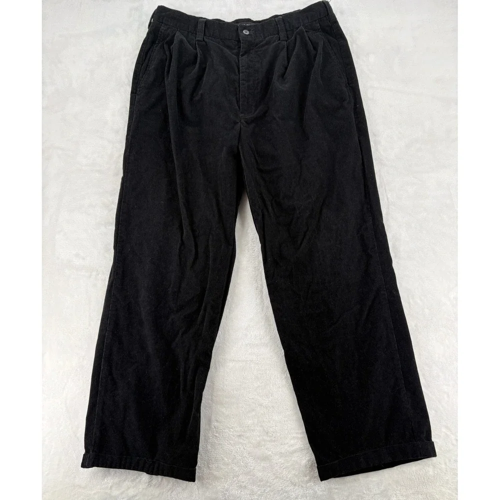 Perry Ellis Portfolio Pants 34/30 Pleated Corduroy Black Cotton Straight Leg